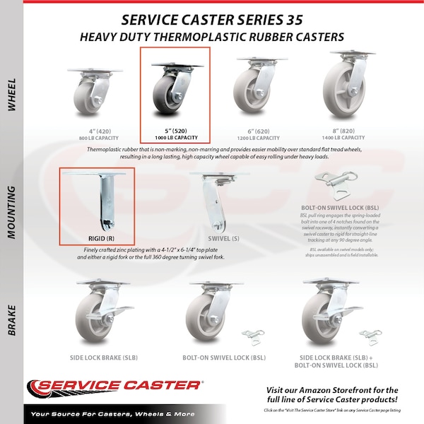 5 Inch Thermoplastic Caster Set With Ball Bearing 2 Swivel Lock And 2 Rigid SCC